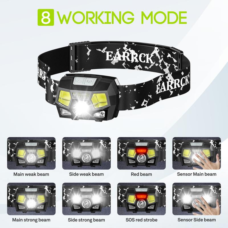 2 Pcs Headlight Adjustable 60°Angle&Tightness, Rechargeable Headlamp 8 Modes, Waterproof Head Lamp with Motion Sensor, Cycling&Fishing&Camping&Running