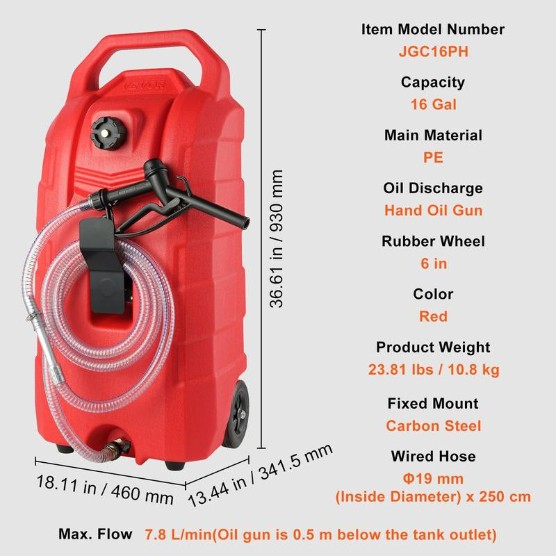 VEVOR 16 Gallon Fuel Caddy, 7.8 L/Min, Portable Gas Storage Tank Container with Nozzle Rubber Wheels, Fuel Transfer Storage Tank for Gasoline Diesel Machine Oil Car Mowers Tractor Boat Motorcycle Bottles Organiser