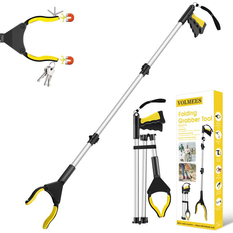 43 Inches Extra Long Grabber Tool-Volmees Grabbers Grab It Reaching Tool with Anti-Drop Cord, 4" Wide Claw Open Reacher Trash Grabber Pickup Tool 360° Rotating Jaw +Magnets, Heavy Duty Foldable Grabber