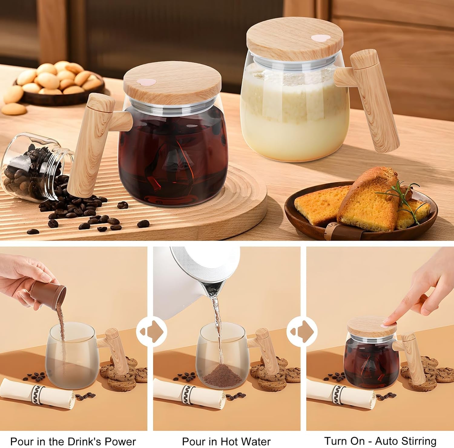 Self Stirring Coffee Mug, 400ML Borosilicate Glass Electric High Speed Self Mixing Cup for Coffee, Milk, Protein Powder