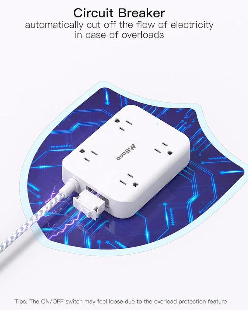 Mifaso Power Strip with Overload Protection Switch - 5Ft Flat Plug Wall Mount Extension Cord with 4 Outlets, 2 USB 2 USB-C, Cruise Ship Approved