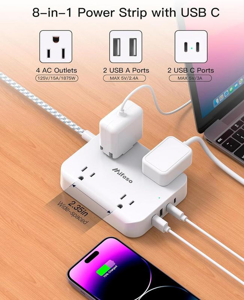 Mifaso Power Strip with Overload Protection Switch - 5Ft Flat Plug Wall Mount Extension Cord with 4 Outlets, 2 USB 2 USB-C, Cruise Ship Approved