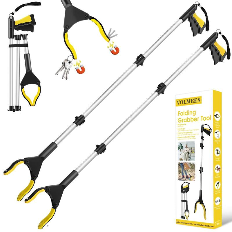 43 Inches Extra Long Grabber Tool-Volmees Grabbers Grab It Reaching Tool with Anti-Drop Cord, 4" Wide Claw Open Reacher Trash Grabber Pickup Tool 360° Rotating Jaw +Magnets, Heavy Duty Foldable Grabber