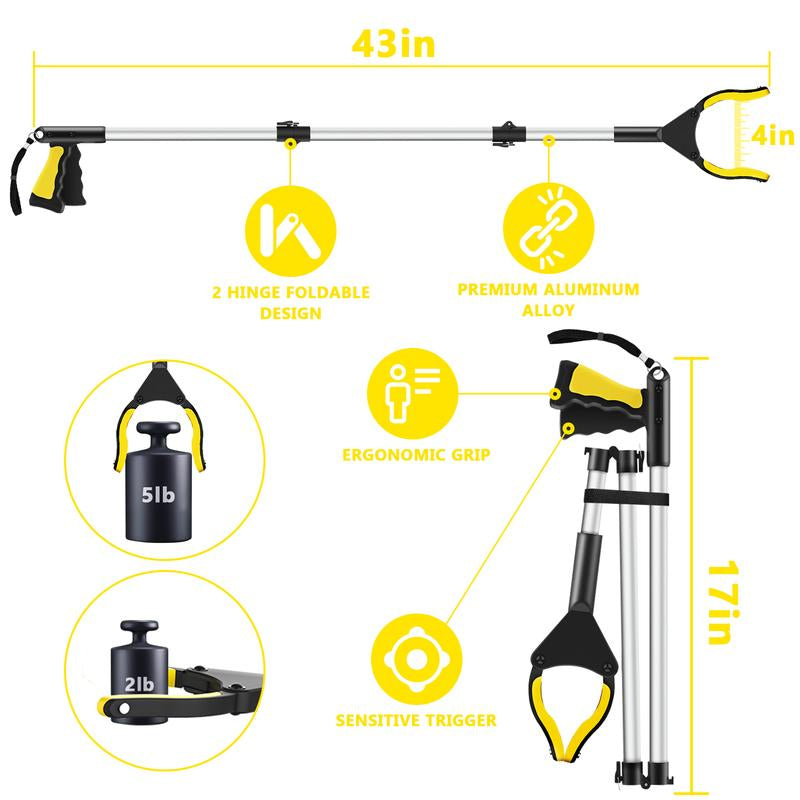 43 Inches Extra Long Grabber Tool-Volmees Grabbers Grab It Reaching Tool with Anti-Drop Cord, 4" Wide Claw Open Reacher Trash Grabber Pickup Tool 360° Rotating Jaw +Magnets, Heavy Duty Foldable Grabber