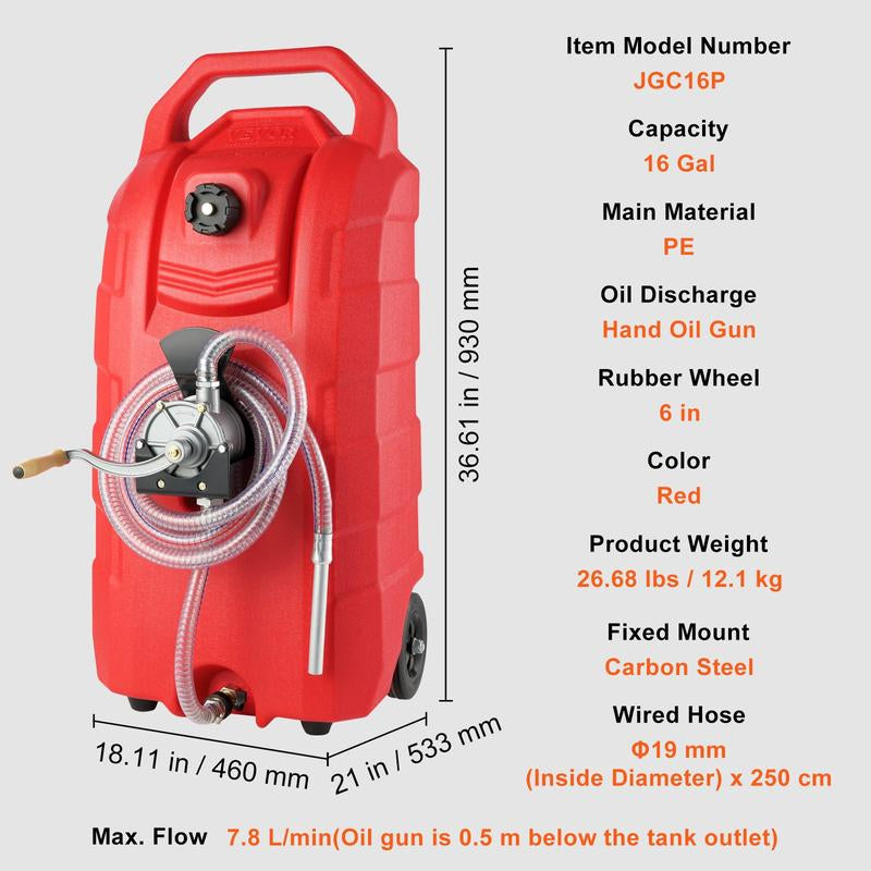 VEVOR 16 Gallon Fuel Caddy, 7.8 L/Min, Portable Gas Storage Tank Container with Nozzle Rubber Wheels, Fuel Transfer Storage Tank for Gasoline Diesel Machine Oil Car Mowers Tractor Boat Motorcycle Bottles Organiser