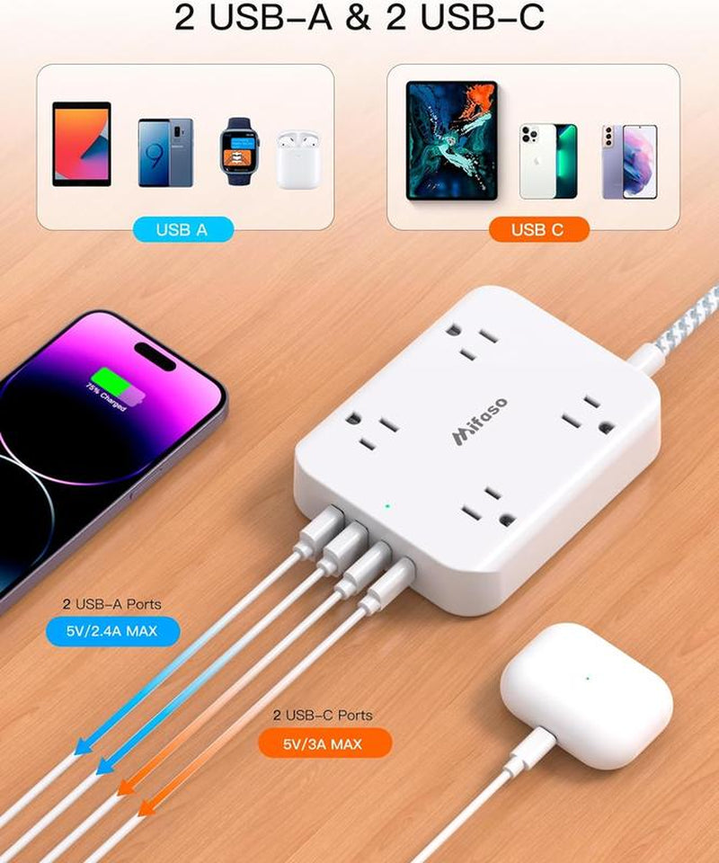 Mifaso Power Strip with Overload Protection Switch - 5Ft Flat Plug Wall Mount Extension Cord with 4 Outlets, 2 USB 2 USB-C, Cruise Ship Approved